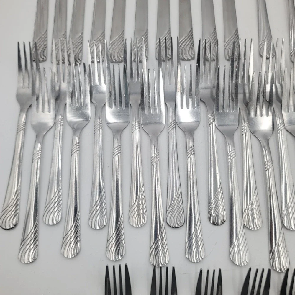 50pc Pfaltzgraff PFF100 Stainless Flatware Swirl Pattern Silverware